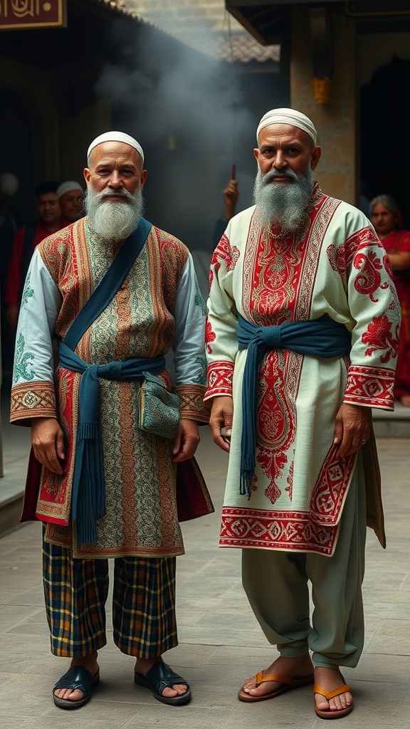 Two men wearing traditional ethnic wear standing outdoors.