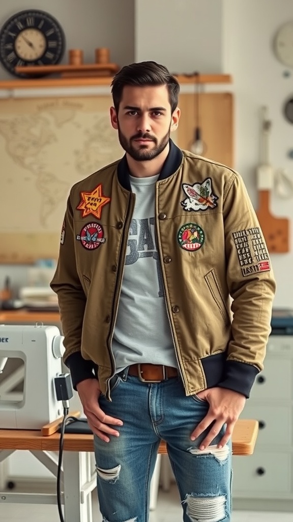 A bomber jacket with various patches and badges displayed on a hanger, paired with distressed blue jeans and brown shoes.