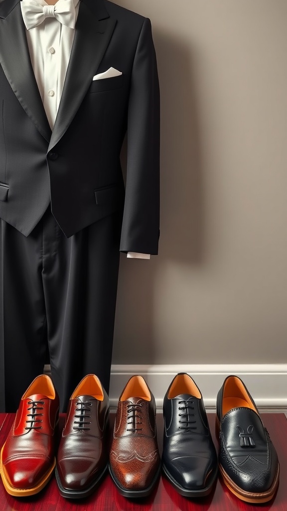 A tuxedo displayed with four pairs of dress shoes: red, brown, black, and patterned leather.