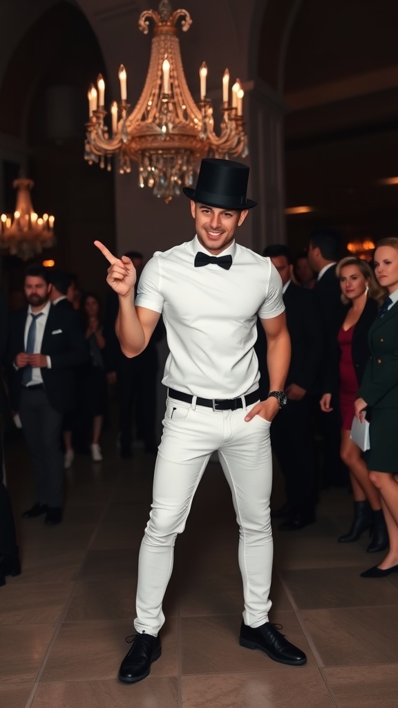 A man wearing a top hat, white basic tee, and white jeans at a formal event.