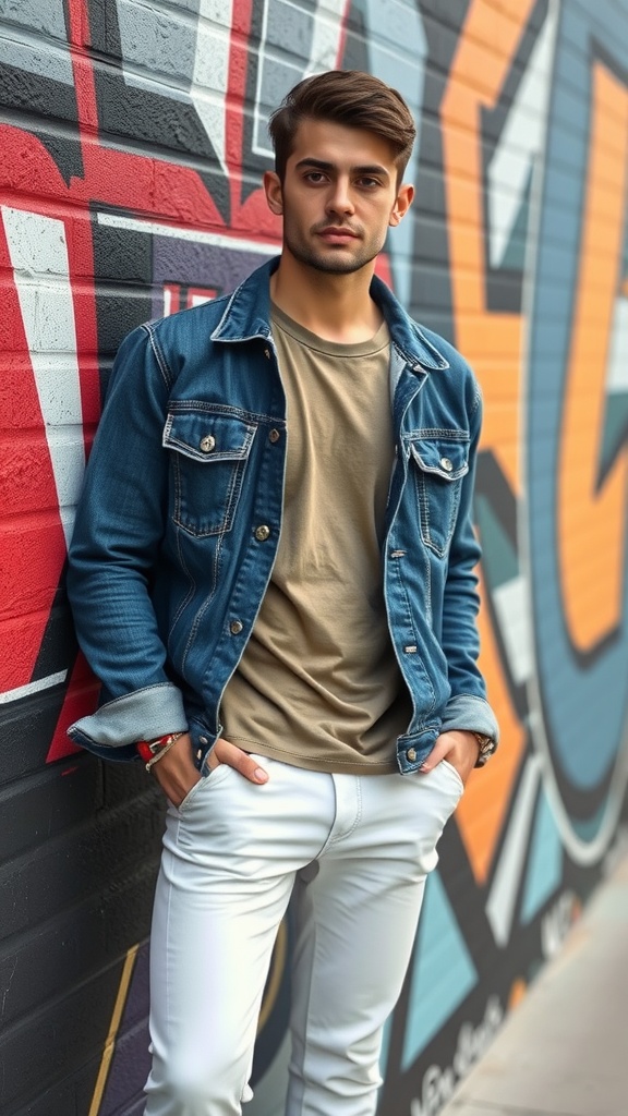 A man wearing a denim jacket with white jeans standing in front of a colorful mural.