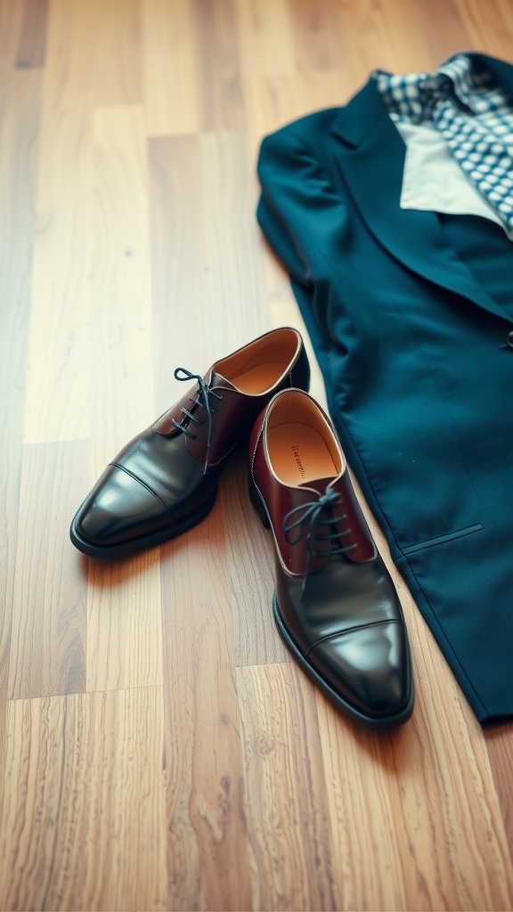 A pair of polished dress shoes beside a jacket and shirt, ready for a business banquet.