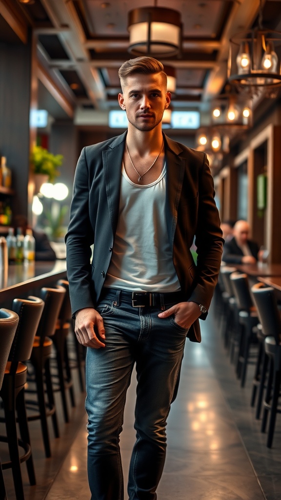 A man in a blazer over a tank top, dressed casually with jeans.