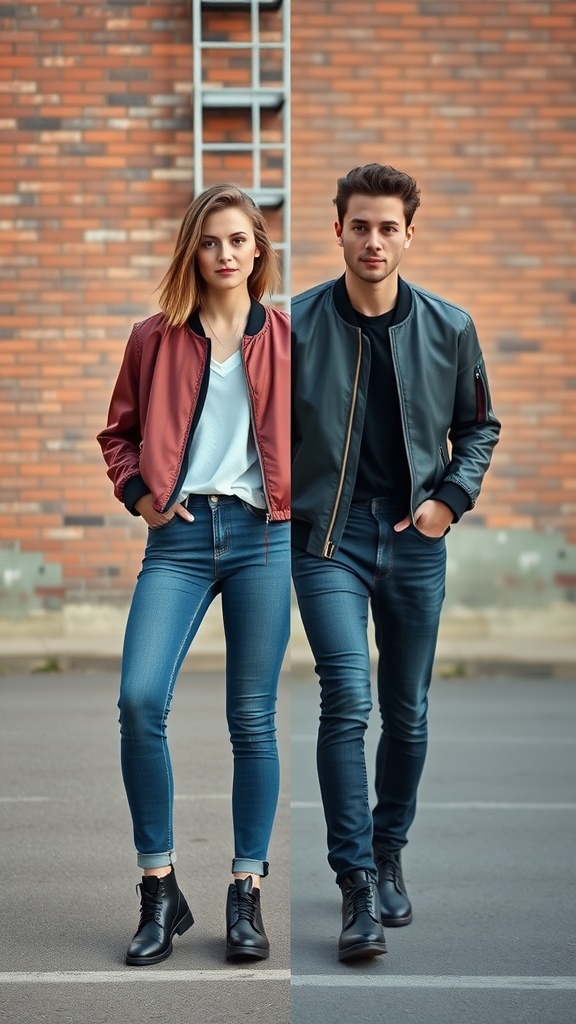Two individuals wearing bomber jackets and jeans, showcasing a blend of dressy and casual styles.
