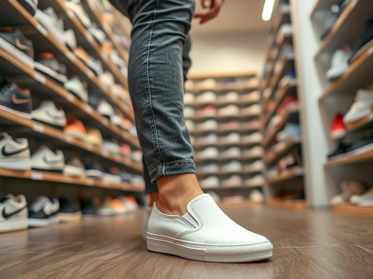 A man trying on white canvas slip-on sneakers in a shoe store