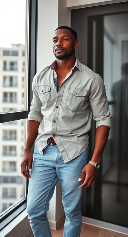 a black man wearing Light Blue Jeans with a button up in a condo