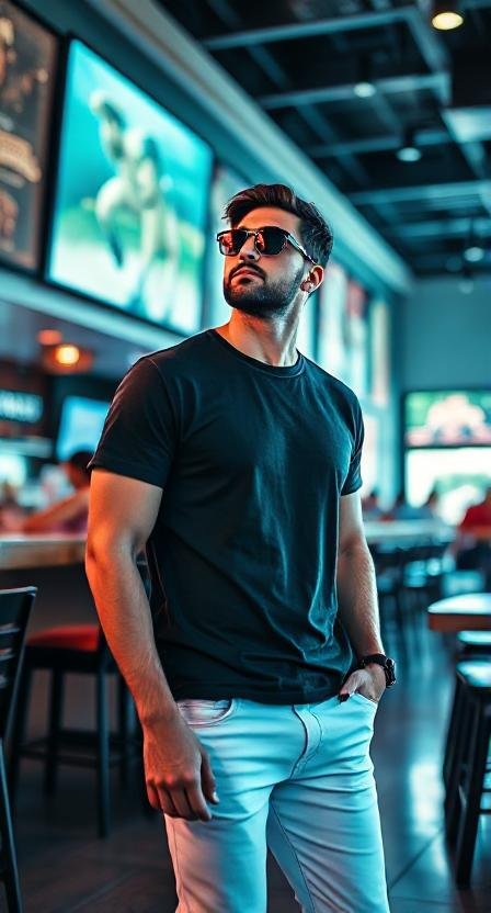 a man wearing shades, white jeans with a darkblack basic tee at a sports bar