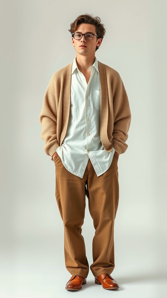A young man wearing brown khakis and an earthy toned cardigan, standing in a relaxed pose.