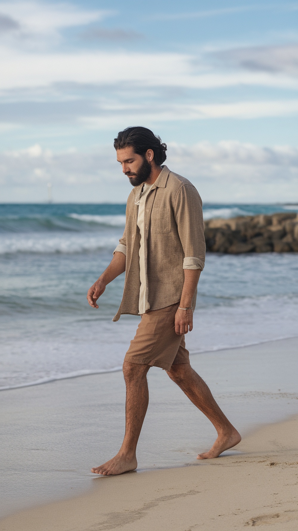 A man walking barefoot on the beach, wearing a light linen shirt and shorts in earthy tones.