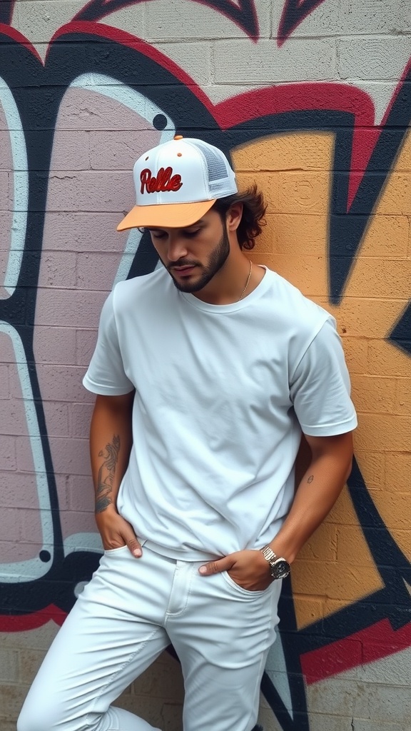 A man wearing a white basic tee and white jeans, paired with an edgy trucker hat, standing against a graffiti wall.