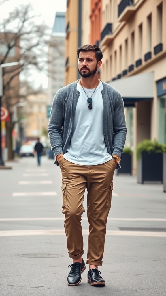 A man walking on a city street wearing a gray cardigan, white t-shirt, brown cargo pants, and black shoes.