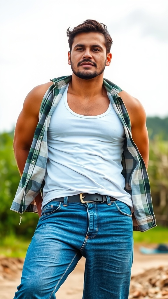 A man wearing a white tank top and an unbuttoned plaid shirt, paired with blue jeans, standing outdoors.