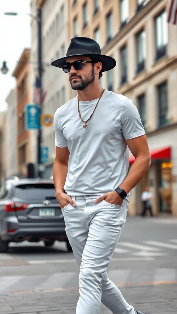 A man wearing a white tee, white jeans, and a black fedora walking on a city street.