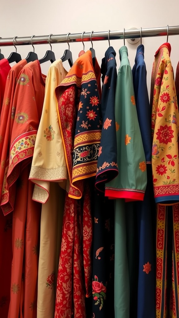 A collection of colorful kurtas hanging on a rack, showcasing intricate designs for ethnic wear.