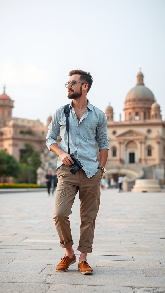A man in a light blue shirt and brown chinos walking in a historic city, holding a camera.
