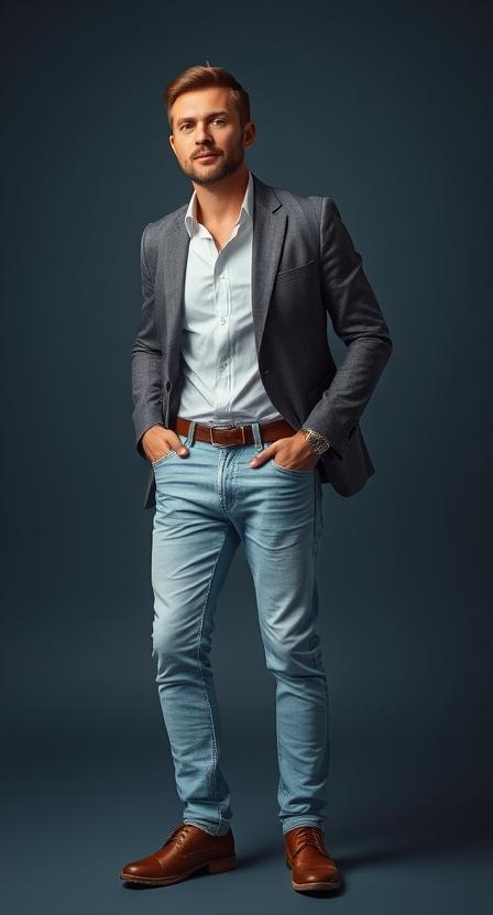 a man wearing light jeans with a blazer