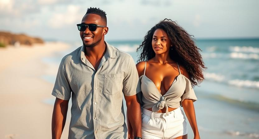 a black man wearing a grey short sleeve linen shirt with white shorts on a beach with his busty ebony girlfriend