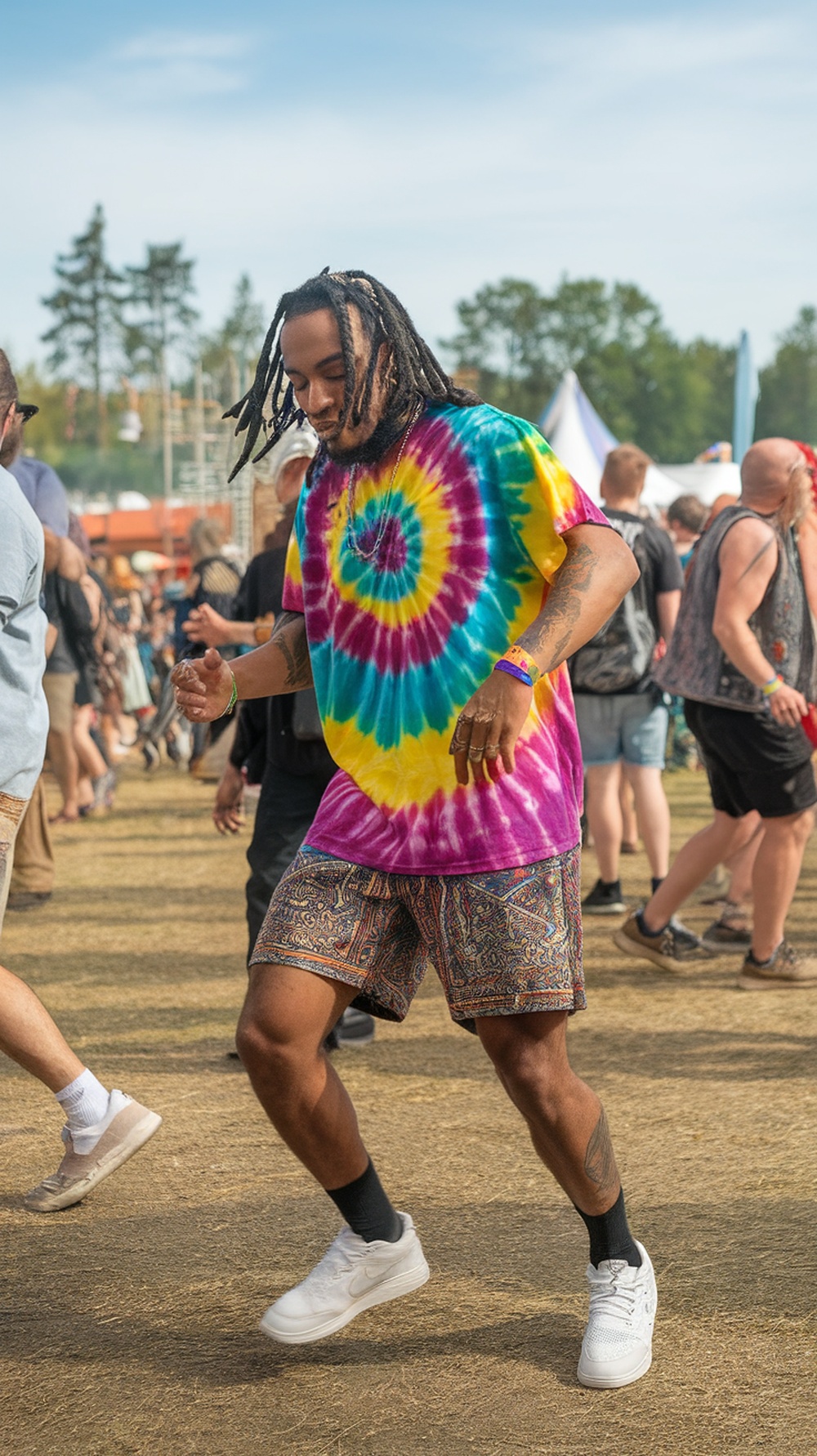 A man dancing at a festival wearing a colorful tie-dye shirt and patterned shorts.