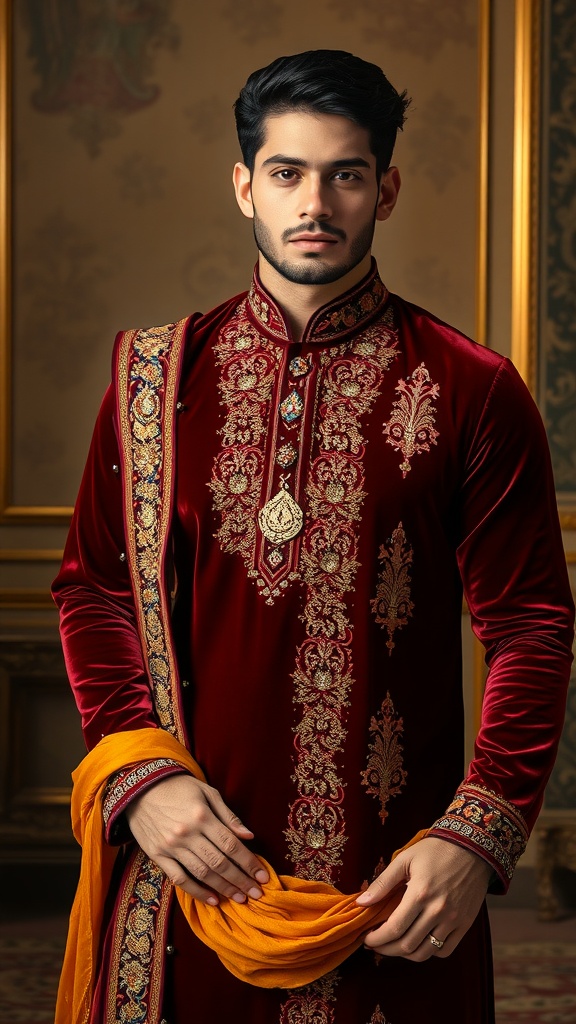 A maroon velvet kurta with zardosi work displayed elegantly against a patterned backdrop.