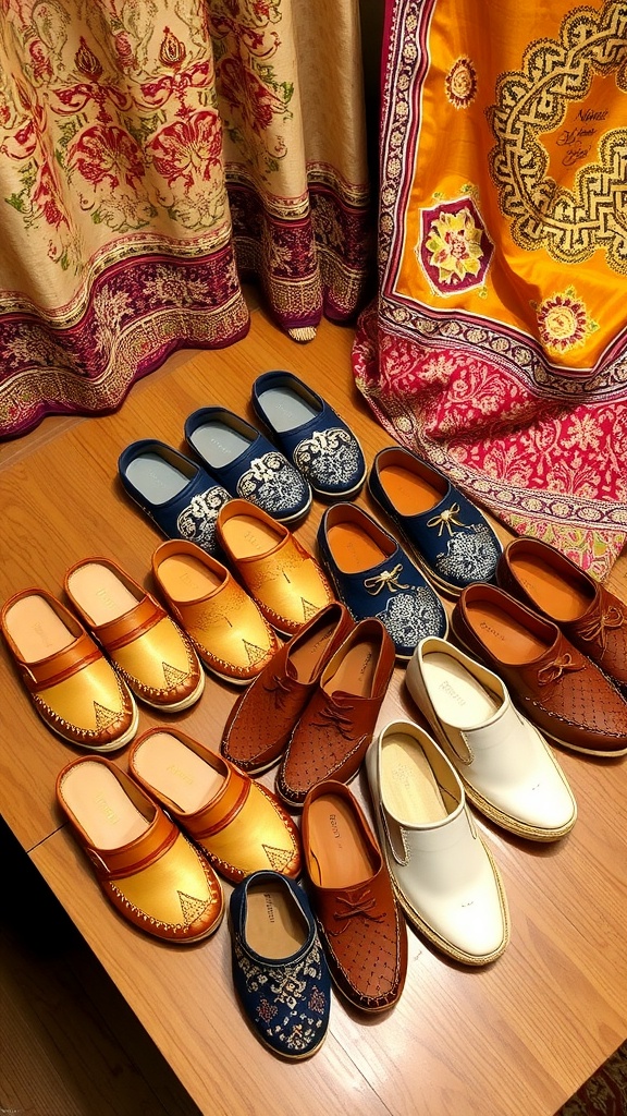 A collection of colorful ethnic footwear suitable for weddings, displayed against traditional fabric.