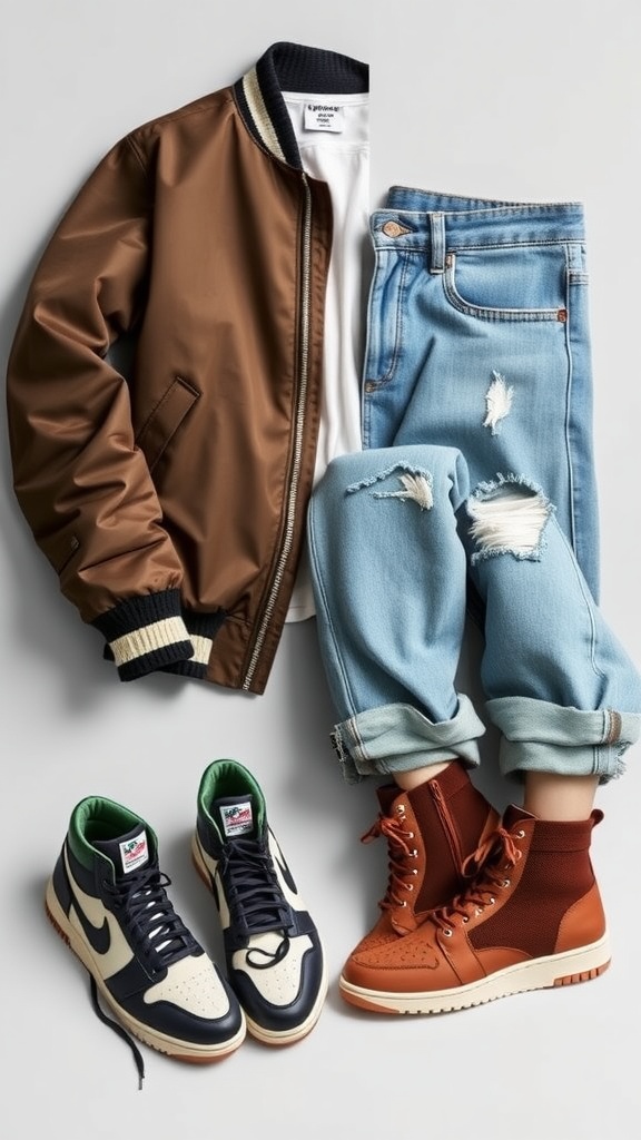 A bomber jacket is paired with two different footwear options: a casual sneaker and a stylish heeled boot.