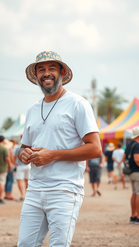 A man wearing a fun patterned bucket hat, white basic tee, and white jeans, smiling in a lively outdoor setting.