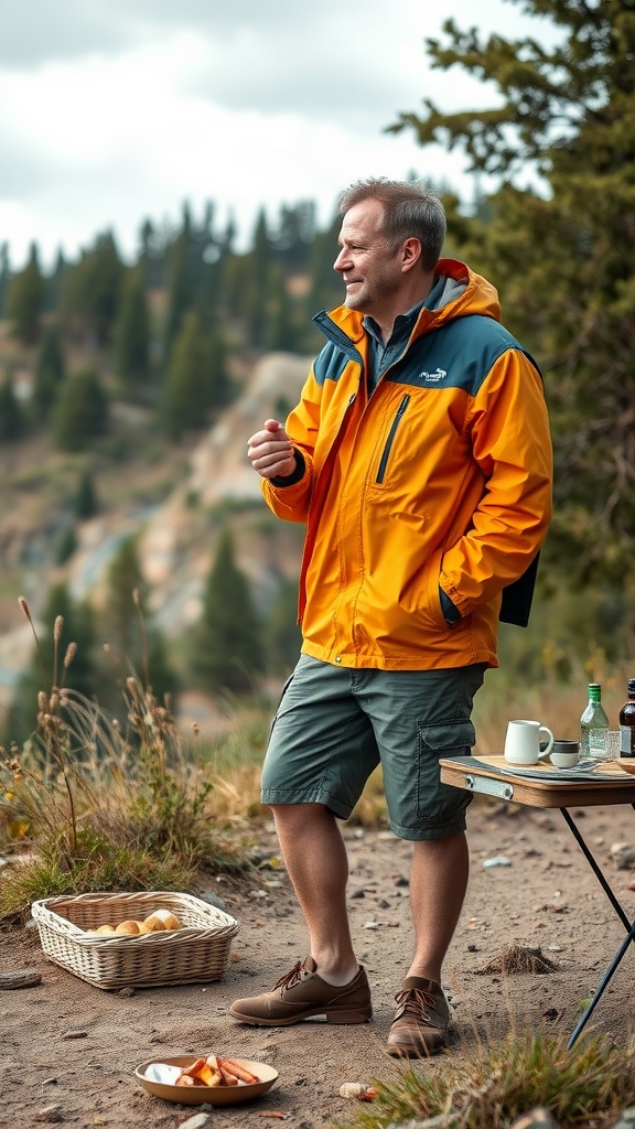 A man in a bright yellow jacket and shorts stands outdoors, next to a picnic setup with snacks.
