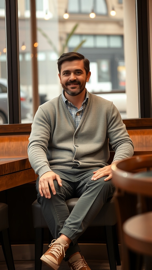 A man wearing a grey cardigan and casual trousers, sitting comfortably in a modern café.