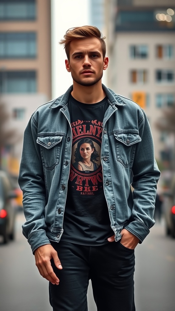 A man wearing a grey denim jacket over a graphic tee, standing confidently in an urban setting.