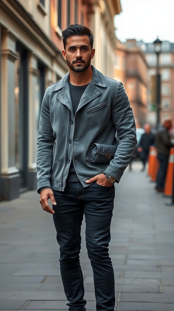 A man in a grey suede jacket and black jeans standing on a city street.