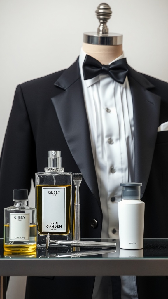 A black tuxedo with grooming products including cologne and hair care items displayed on a table.