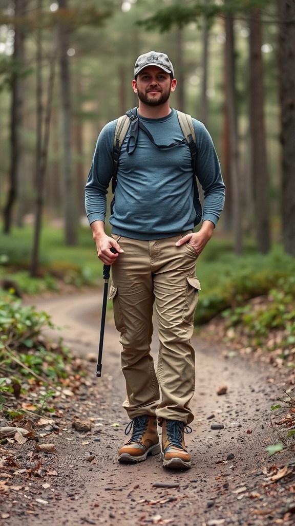 A man in hiking gear stands on a forest trail, wearing a long-sleeve shirt, cargo pants, hiking boots, and a cap, with a backpack.