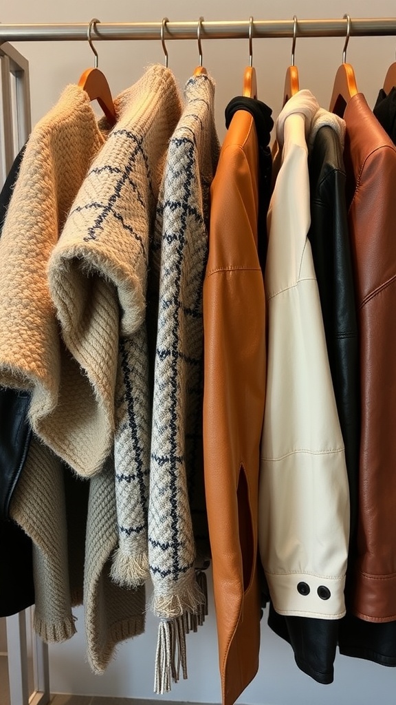 A collection of various textured garments hanging on a rack.