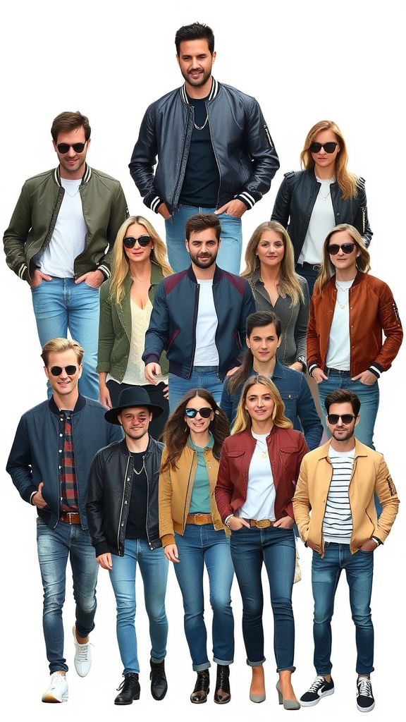 A group of individuals wearing bomber jackets and jeans in a stylish arrangement.