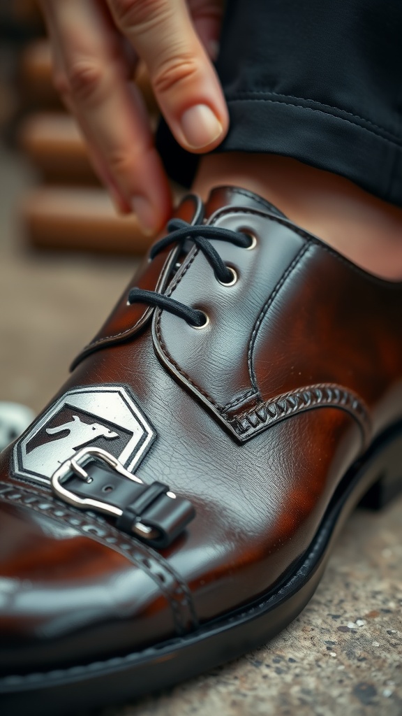 Close-up of a man tying brown leather dress shoes, showcasing quality footwear.