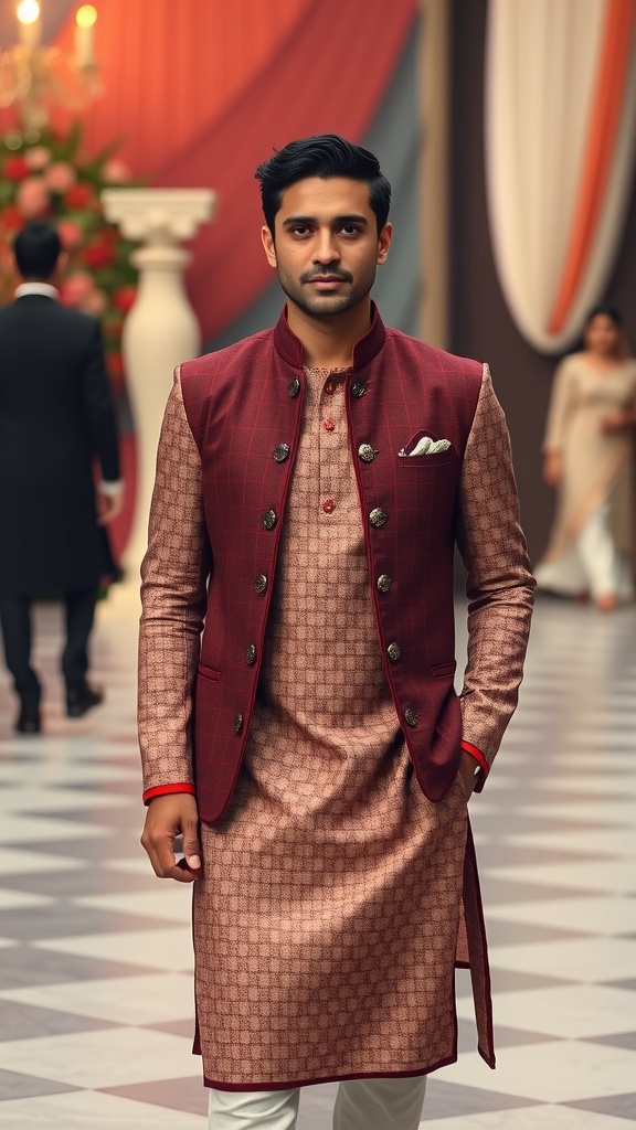 A man wearing a beige kurta with a maroon Nehru jacket, standing confidently in a wedding setting.