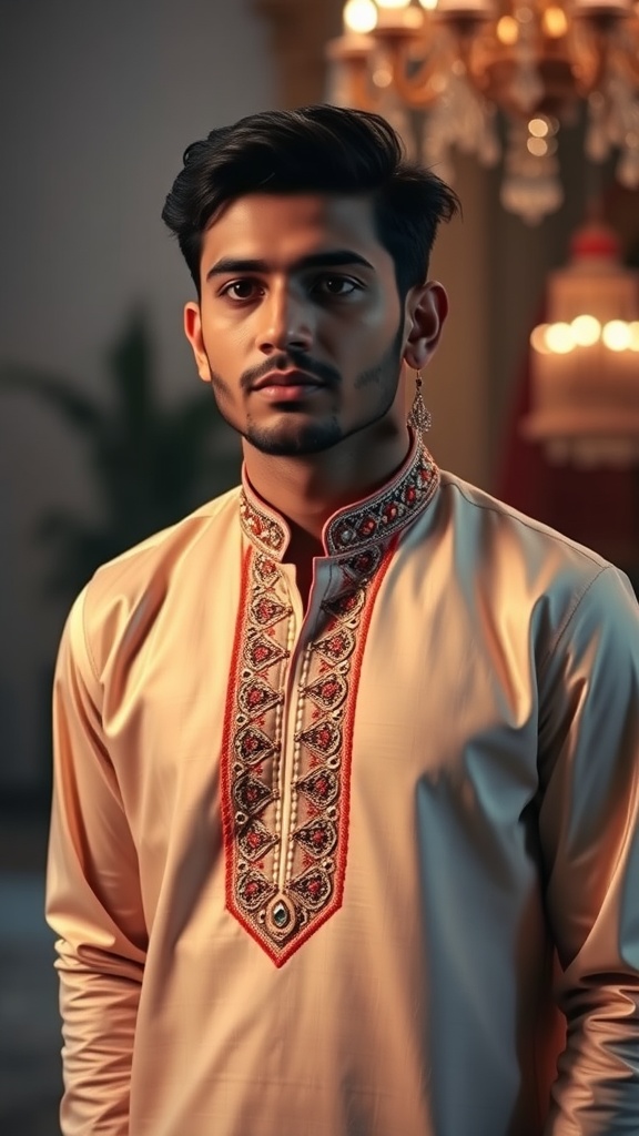 Young man wearing a cream-colored kurta with an embellished placket, featuring intricate embroidery in red and gold.