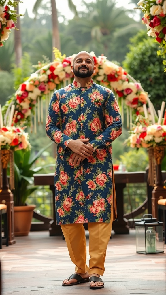 A woman in a floral kurta standing in a garden decorated with flowers, perfect for an outdoor wedding.