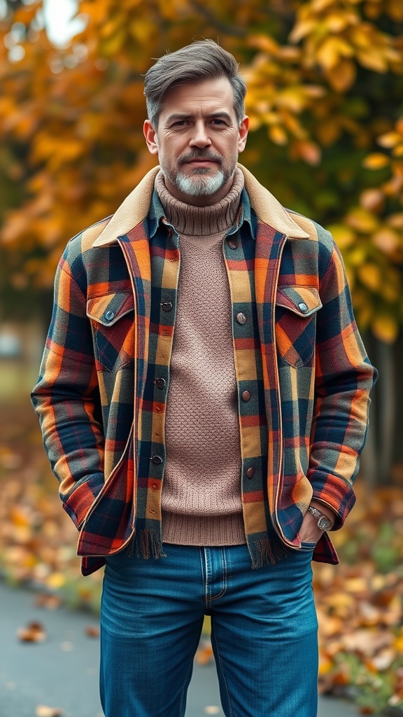 A man wearing a layered autumn outfit with blue jeans, a cozy sweater, and a plaid flannel jacket, surrounded by autumn leaves.