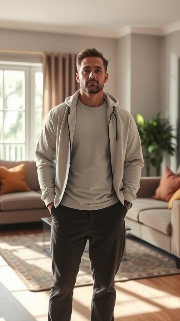 A man wearing a light hoodie over a basic tee, standing in a cozy living room