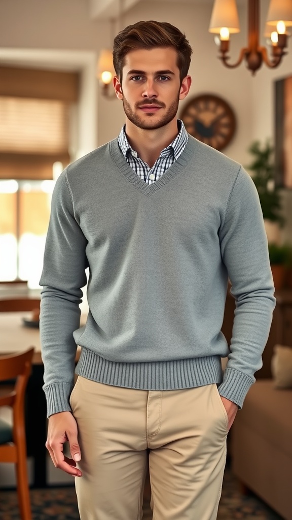 A man wearing a grey sweater over a checkered shirt and beige chinos, standing indoors.