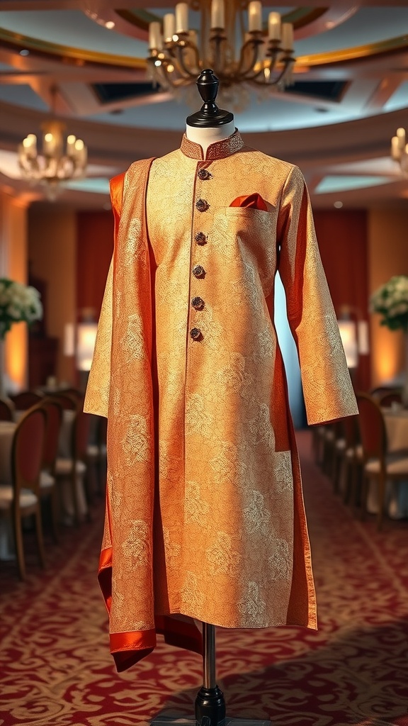 Layered orange kurta displayed on a mannequin in a wedding setting