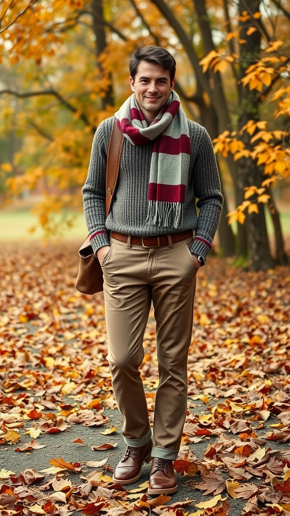 A young man in a gray sweater and striped scarf stands in a fall setting with orange leaves, wearing chinos and brown shoes.