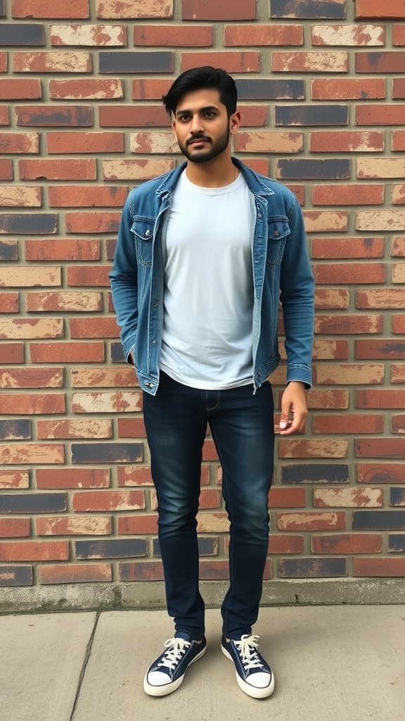 A man wearing a light blue tee with a denim jacket, dark jeans, and sneakers, standing against a brick wall.