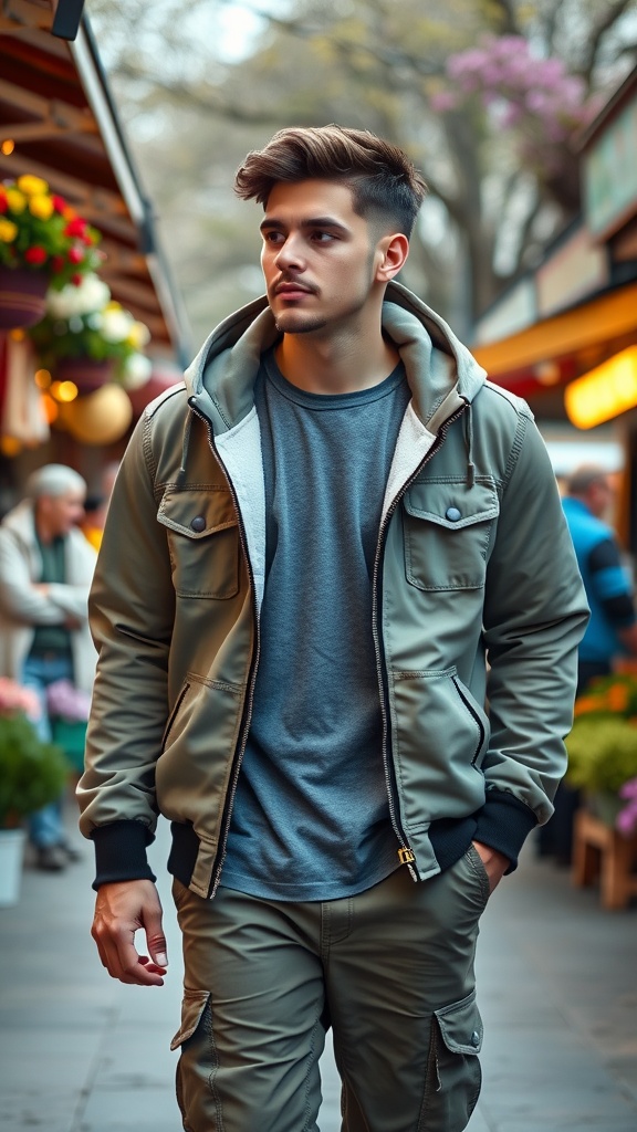 A man wearing a lightweight hoodie and cargo pants walking through a vibrant market filled with flowers and fruits.