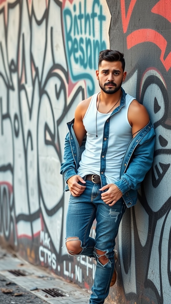 A man in a tank top and jeans with a denim jacket, leaning against a graffiti wall.