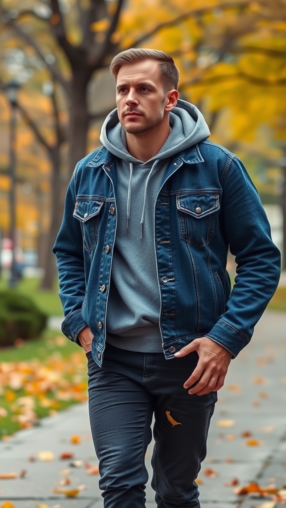 A man in a denim jacket and hoodie walking in a park during fall.