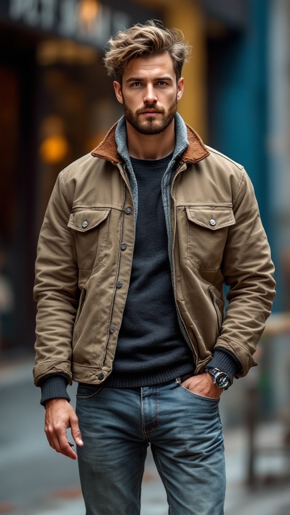 Man wearing a jacket over a sweater, paired with jeans.