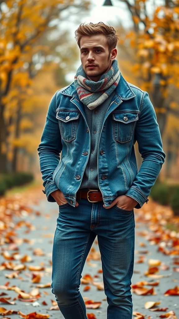 A man in acid wash jeans walking in a park during fall, wearing a jacket and a scarf.