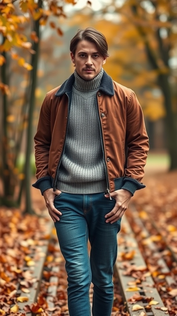 A man wearing a brown bomber jacket over a gray sweater, paired with blue jeans, standing in an autumn setting with fallen leaves.